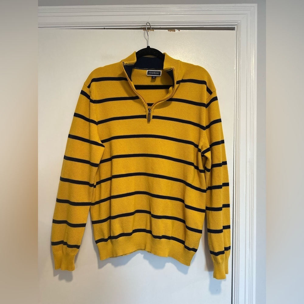 EUC Club Room Sz: XXL Quarter Zip Preppy woven Knit Sweater Yellow/Navy Stripes.